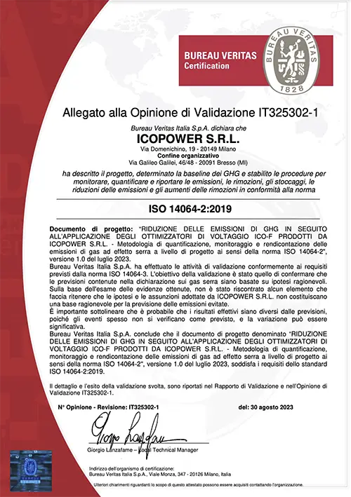Validation Bureau Veritas ISO 14064-2:2019 délivrée à Icopower pour les optimiseurs de tension ICO-F